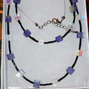 Handmade Necklace & Bracelet SET Glass Clear Purple Iridescent black bugle bead